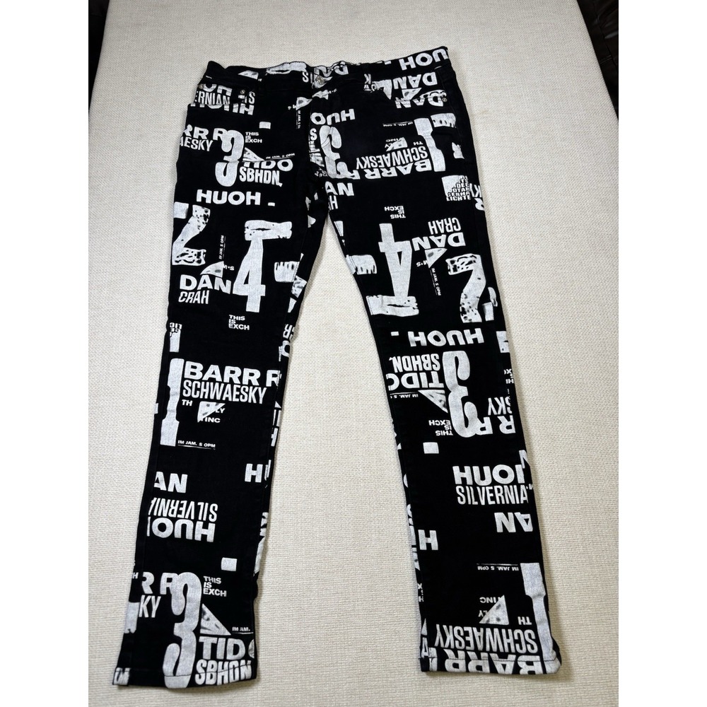 Men's Newspaper Graphic Print Slim Fit Jeans Black White Streetwear Size 38